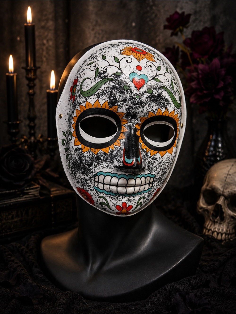 Hand Crafted White Day of the Dead Skull Mask with Orange and Teal Accents